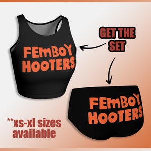 FEMBOY HOOTERS - Hooters LOGO crop top and cheeky shorts set - printed restaurant goth uniform - black and orange version