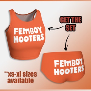 FEMBOY HOOTERS - Hooters LOGO crop top and cheeky shorts set - printed restaurant goth uniform -  orange and white version