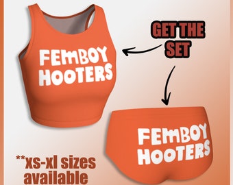 FEMBOY HOOTERS - Hooters LOGO crop top and cheeky shorts set - printed restaurant goth uniform -  orange and white version