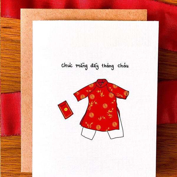 Vietnamese One Month Baby - Ngay Day Thang Anniversary- chuc mung day thang chau - Heavyweight Linen Textured Cardstock - Blank