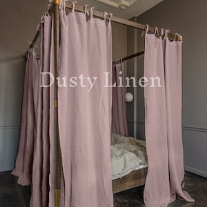 Canopy Bed Curtains (linen curtains with ties): Dusty Rose, Pink canopy linen curtain. Boho style drapes. Gift for Kids bedroom decor panels