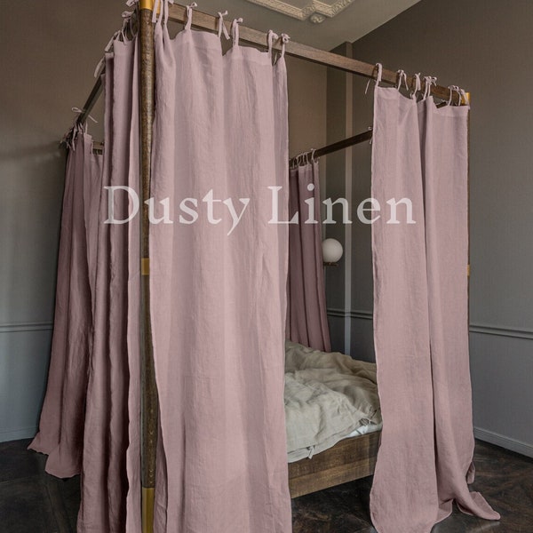 Cortinas de cama con dosel (cortinas de lino con lazos): Dusty Rose, cortinas con dosel rosa. Un gran regalo para los niños. Cama decorada