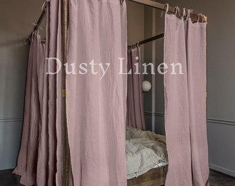 Canopy Bed Curtains (linen curtains with ties): Dusty Rose, Pink canopy linen curtain. Boho style drapes. Gift for Kids bedroom decor panels