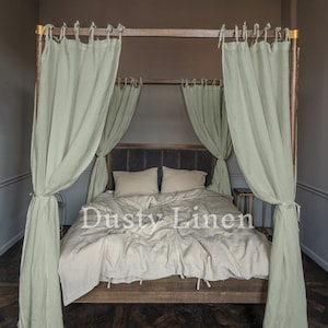 Mint/sage linen curtain panels for canopy bed. Long linen drape. Tie top linen bed curtain. Canopy linen drapes. Boho Four poster bed panels