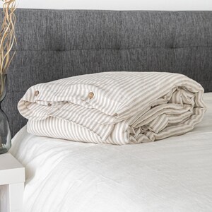 Striped Natural linen duvet cover and two pillowcases in various colors suitable for farmhouse living, best for minimalist or boho style.