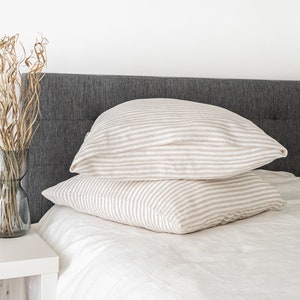 Striped Natural linen duvet cover and two pillowcases in various colors suitable for farmhouse living, best for minimalist or boho style.