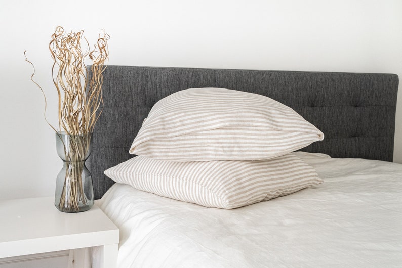 Striped Natural linen duvet cover and two pillowcases in various colors suitable for farmhouse living, best for minimalist or boho style.