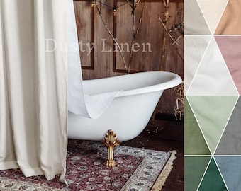 Water resistant drape linen luxury shower curtain with waterproof lining. Long bathroom drape in vintage style. Wide bath panel