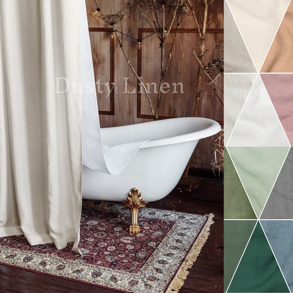 Water resistant drape linen luxury shower curtain with waterproof lining. Long bathroom drape in vintage style. Wide bath panel