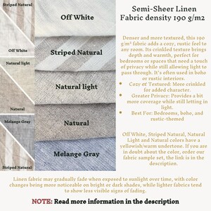 May include: A chart showing different colors and textures of semi-sheer linen fabric. The fabric is 190 g/m2 and has a crinkled texture. The colors shown are Off White, Striped Natural, Natural Light, Natural, and Melange Gray. The text "Semi-Sheer Linen Fabric density 190 g/m2" is at the top of the chart. The text "NOTE: Read more information in the description" is at the bottom of the chart.
