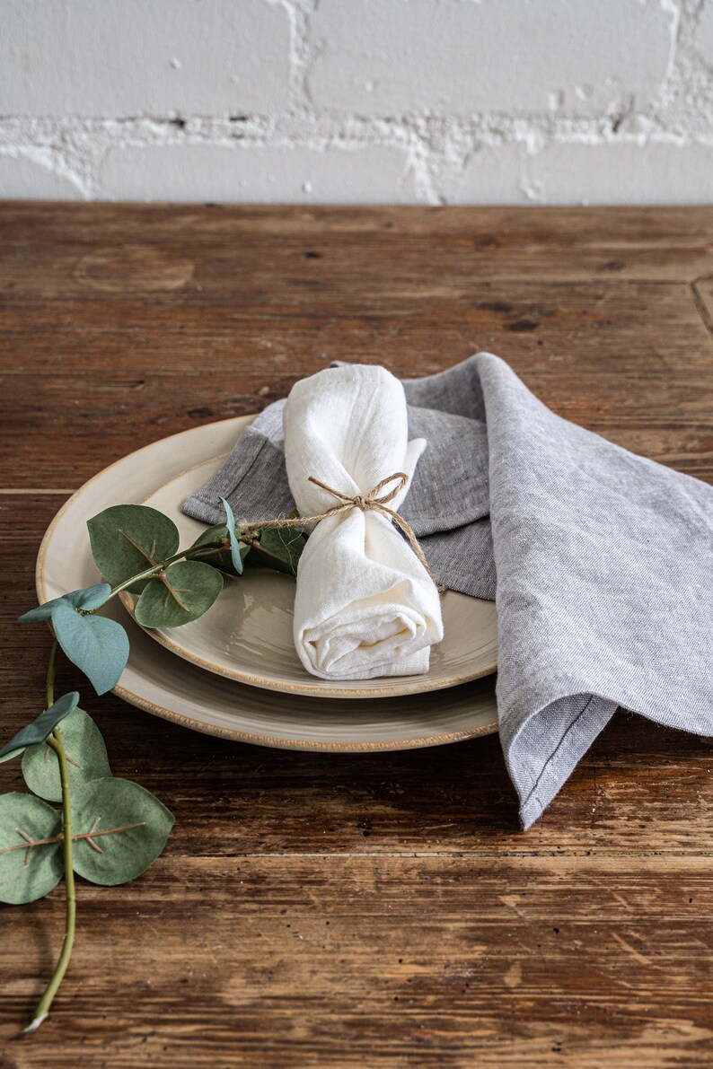 a white plate topped with a napkin next to a green plant