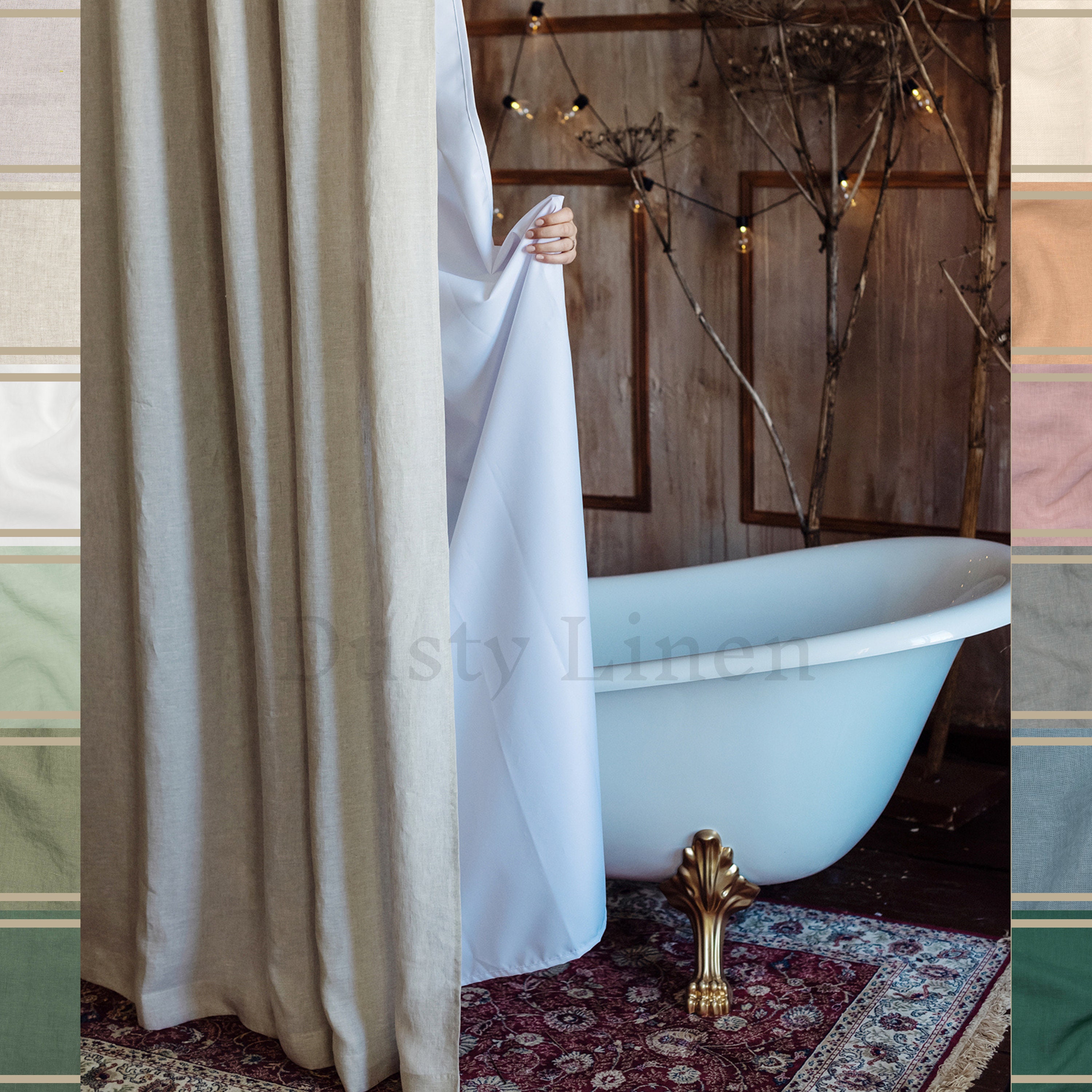 Cortina de ducha para baño con forro, (tela lavable, resistente al agua,  poliéster, diseño de rayas Damasco y cortinas baño) y ganchos de plástico