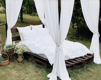Luxury White Linen Bed Canopy Curtains: Organic Draping