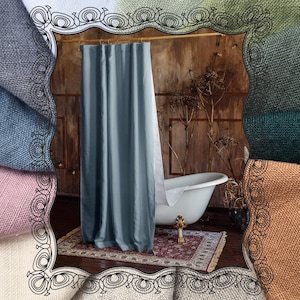 Linen Shower Curtain with Waterproof Lining – Custom Size Bathroom Curtain Panel, Extra Long Boho Farmhouse Bath Drapes