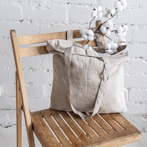 Linen tote bag. Natural zero waste shopping bag. Minimalist eco reusable grocery bag. Plain shoulder tote bag. Canvas beach bag. Market bag image 7