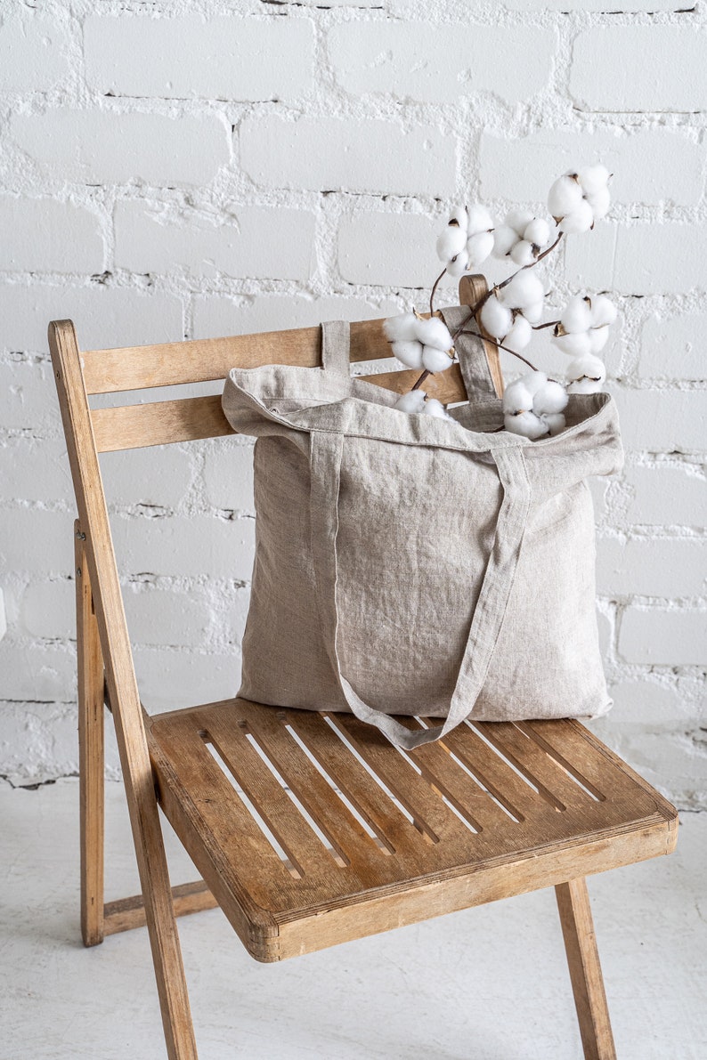 Linen tote bag. Natural zero waste shopping bag. Minimalist eco reusable grocery bag. Plain shoulder tote bag. Canvas beach bag. Market bag image 7