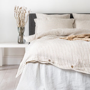 Striped Natural linen duvet cover and two pillowcases in various colors suitable for farmhouse living, best for minimalist or boho style.