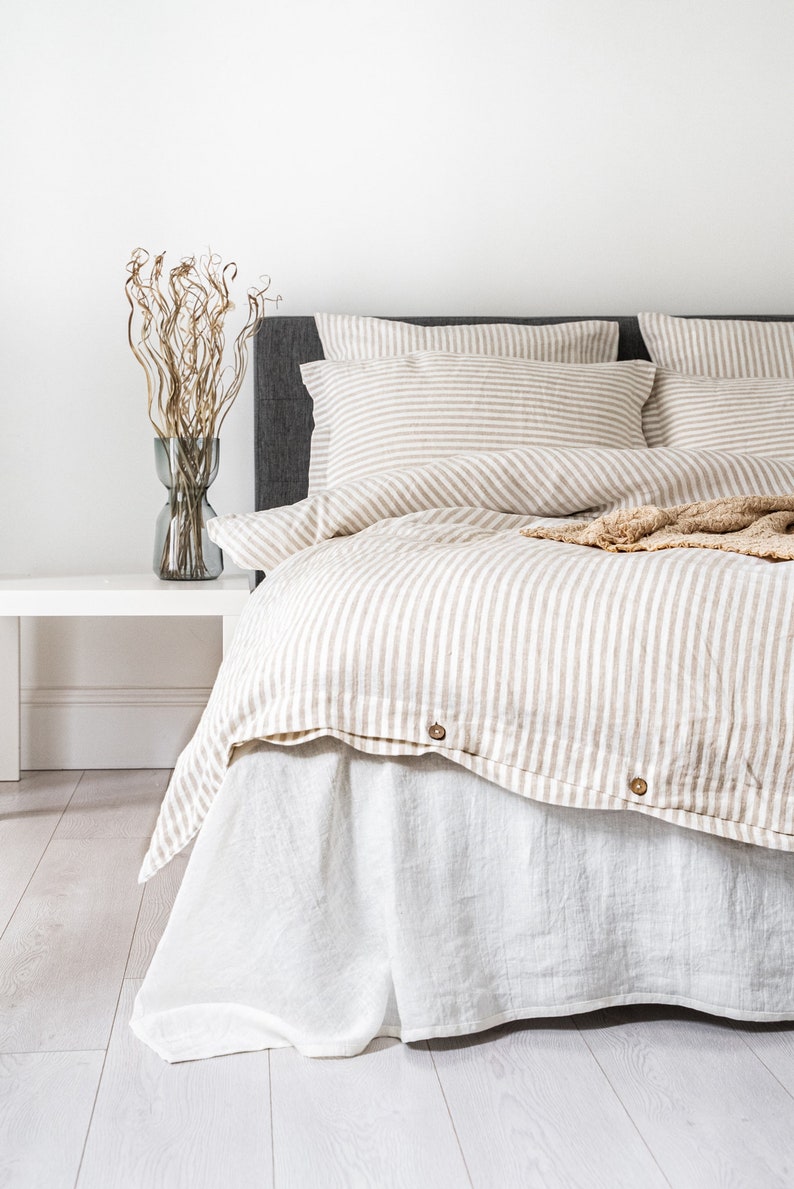 Striped Natural linen duvet cover and two pillowcases in various colors suitable for farmhouse living, best for minimalist or boho style.