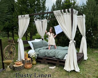 Bed Canopy Curtains - Bohemian Linen Drapes for Four Poster Bed Frame - Extra Long Curtains - French Country Farmhouse Bedroom Decor