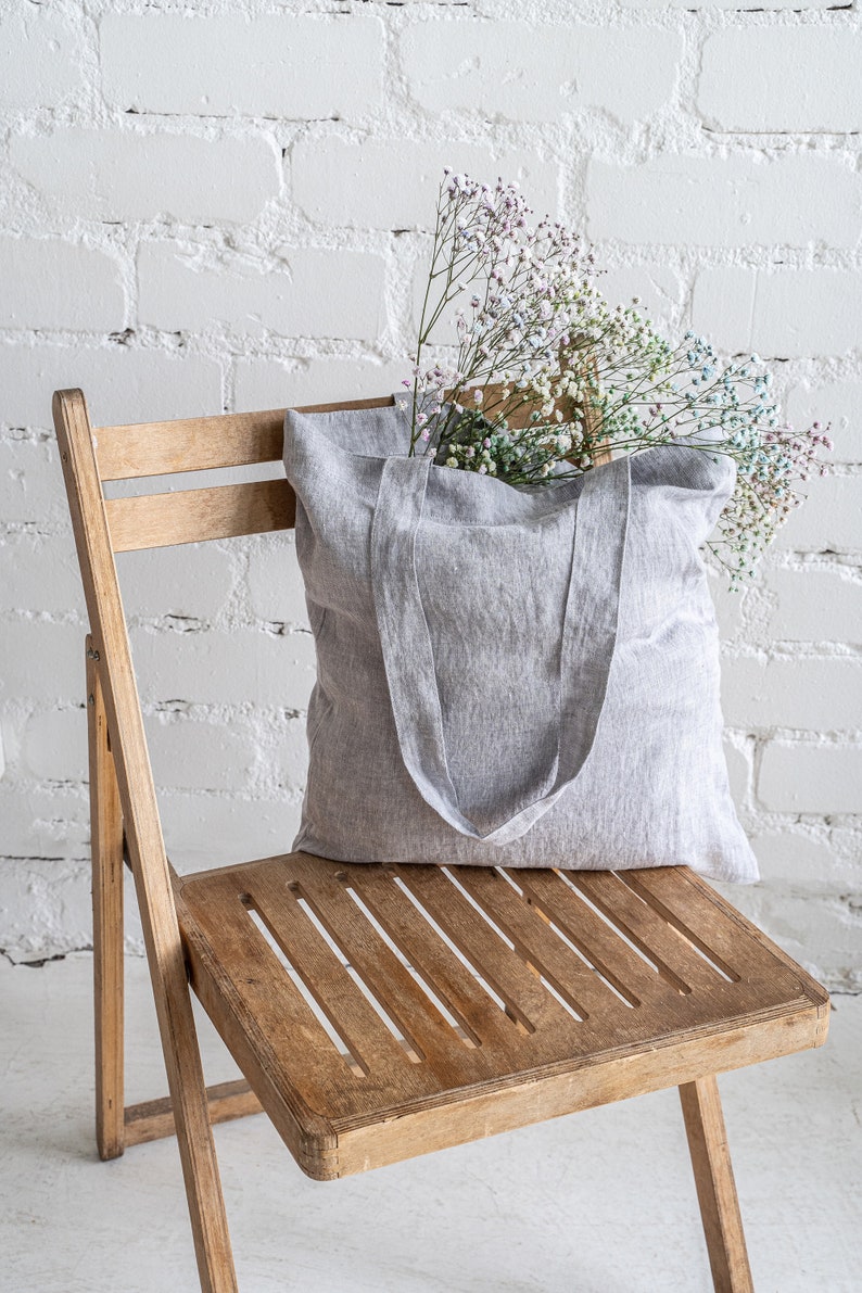 Linen tote bag. Natural zero waste shopping bag. Minimalist eco reusable grocery bag. Plain shoulder tote bag. Canvas beach bag. Market bag image 2