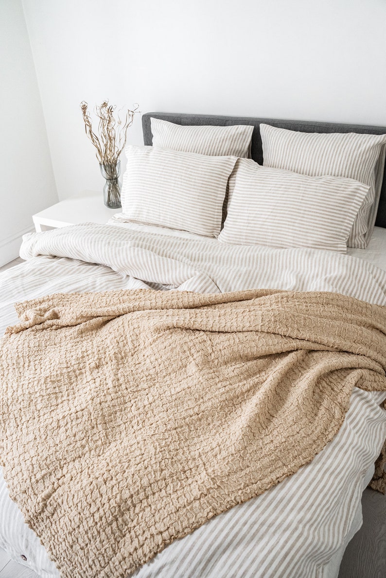 Striped Natural linen duvet cover and two pillowcases in various colors suitable for farmhouse living, best for minimalist or boho style.