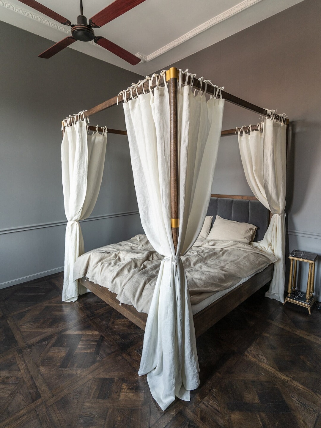 Bohemian Bed Canopy. White Bed Canopy 4 6 or 8 Pcs. Linen Curtains