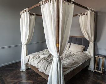 Bohemian bed canopy curtains. Extra long canopy bed curtain. Linen curtains for four poster bed frame. Canopy drapes for bedroom decor