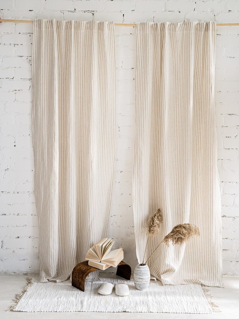 Back tab linen curtain panel. Striped Natural extra wide Etsy