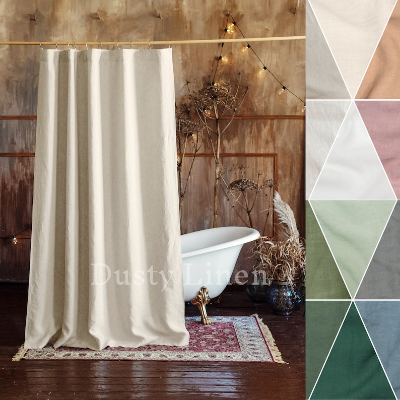 Sustainable linen shower curtains can be a thing of beauty and complement the aesthetics of your farmhouse bathroom interior.