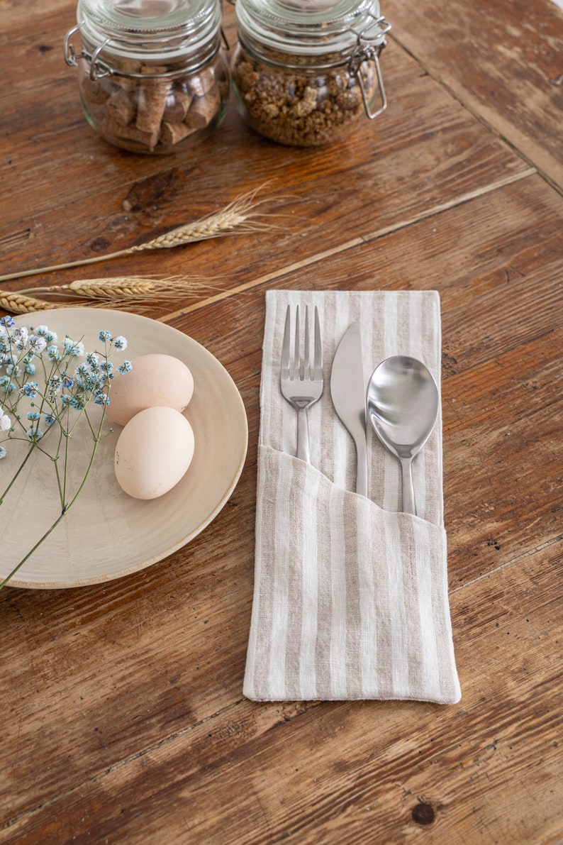 Linen cutlery holder pocket. Linen dinner flatware bag for Etsy