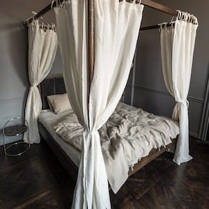 Op maat gemaakt bedhemelgordijn. Linnen hemelbedgordijnen. Boho hemelbedpanelen. Witte linnen gordijnen. Linnen gordijngordijn met striksluiting. Lange gordijnen
