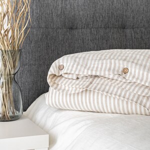 Striped Natural linen duvet cover and two pillowcases in various colors suitable for farmhouse living, best for minimalist or boho style.