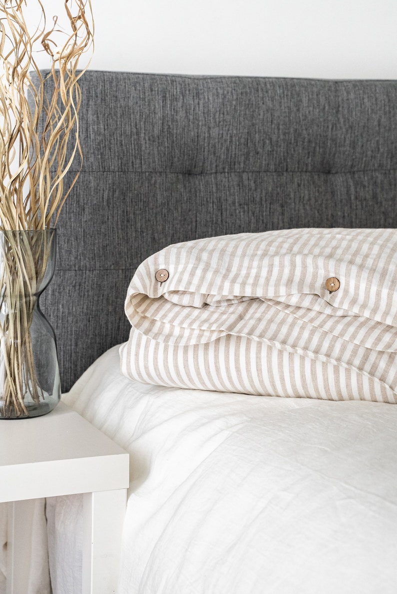 Striped Natural linen duvet cover and two pillowcases in various colors suitable for farmhouse living, best for minimalist or boho style.