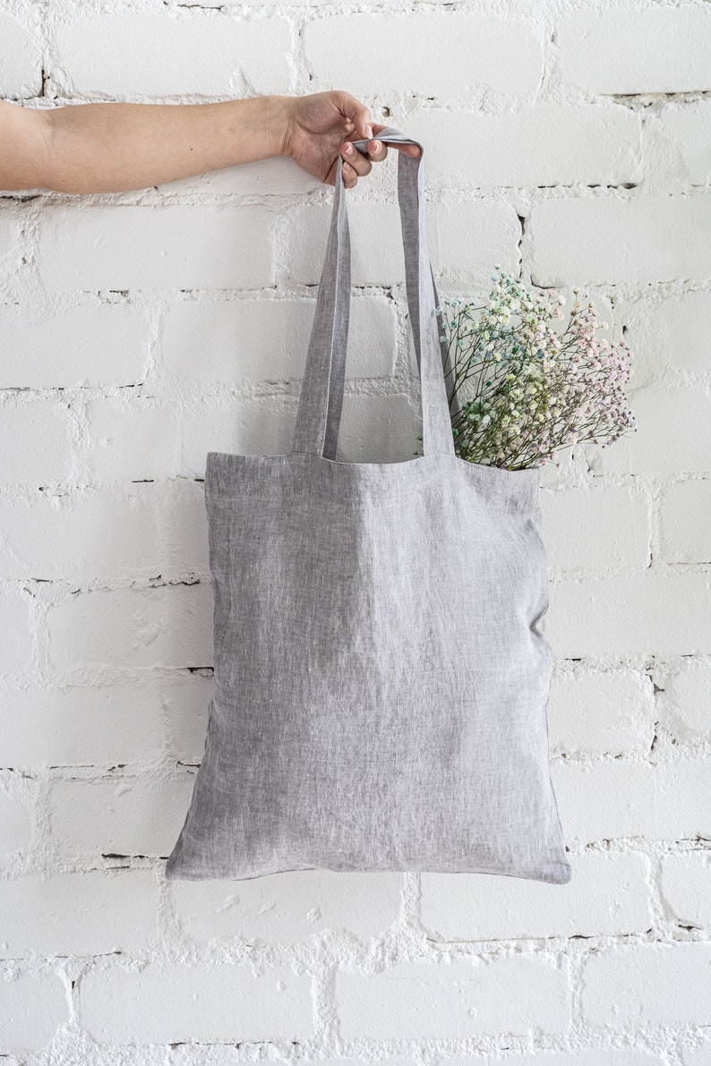 Linen tote bag. Natural zero waste shopping bag. Minimalist eco reusable grocery bag. Plain shoulder tote bag. Canvas beach bag. Market bag image 3
