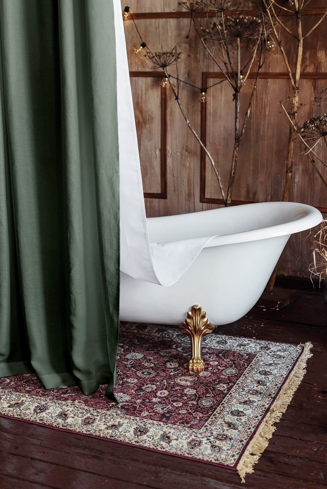Green Shower Curtain Retro. Bathroom Curtain. Linen Shower Curtain ...