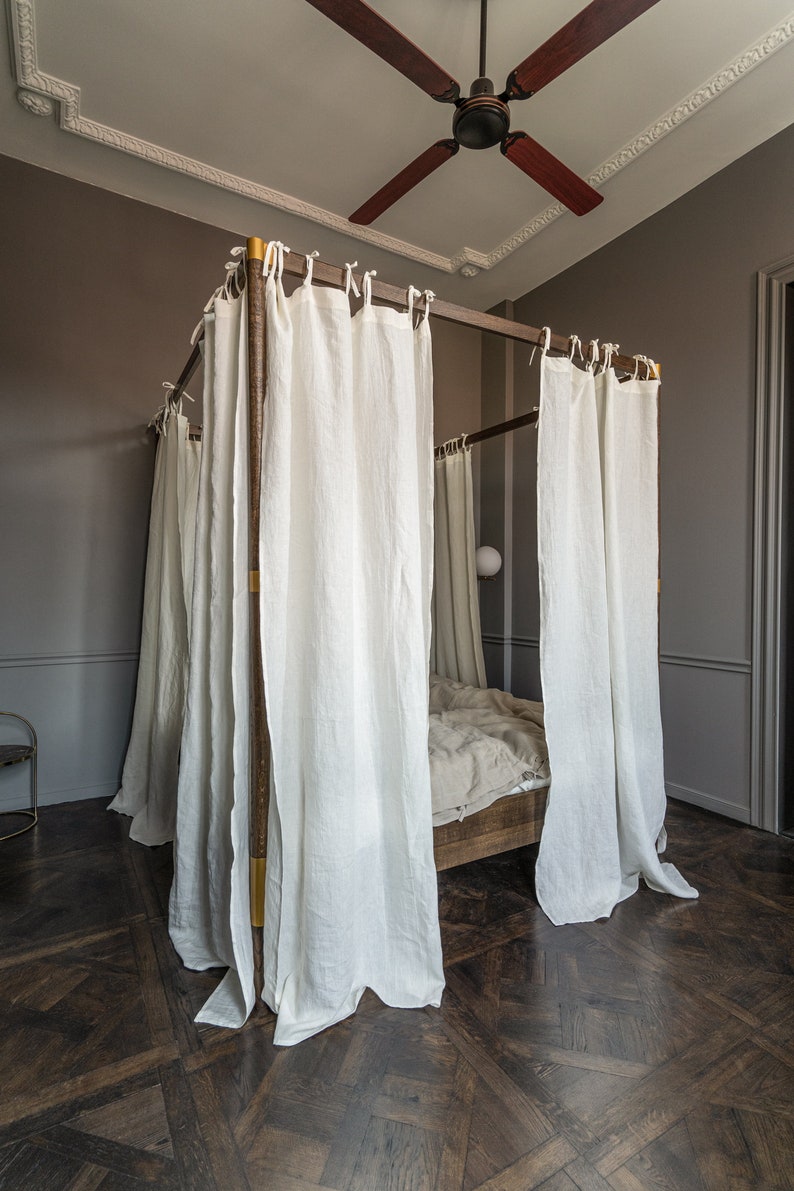 Canopy Bed Linen Curtain Panel With Ties Linen Curtain Drape Etsy