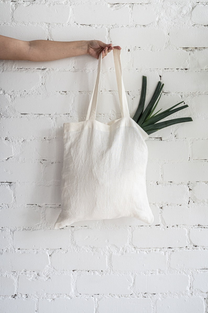 Linen tote bag. Natural zero waste shopping bag. Minimalist eco reusable grocery bag. Plain shoulder tote bag. Canvas beach bag. Market bag image 5