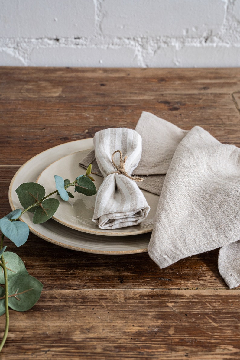 a white plate topped with a napkin next to a green plant