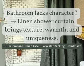 Extra wide custom size farmhouse customizable natural boho linen shower curtain. Water resistant natural curtain with hooks curtain back tab