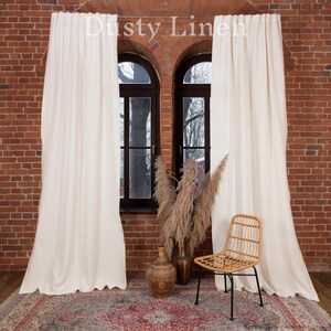 Linen curtain panel in Striped natural color. Washed linen curtain with multifunctional header tape in Natural and ivory striped DustyLinen