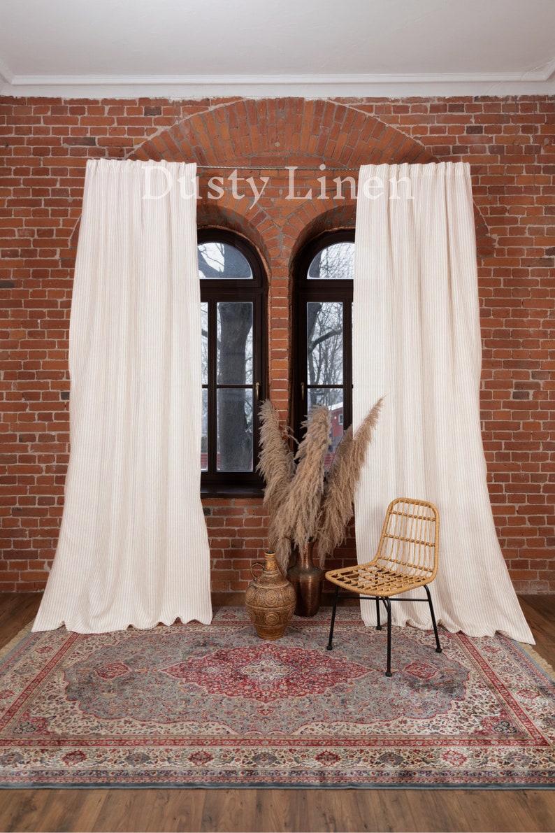 Linen curtain panel in Striped natural color. Washed linen curtain with multifunctional header tape in Natural and ivory striped DustyLinen