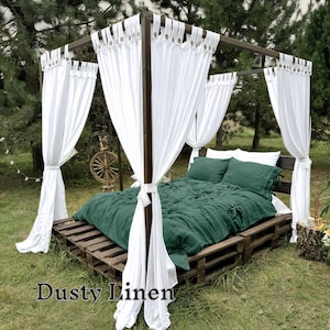 Linen Canopy Curtains for King Size Bed | White Sheer Bed Curtains | Boho Bedroom Decor