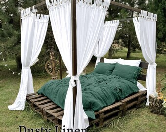 Off-White Linen Canopy Curtains for King Bed / Boho, Wedding, Farmhouse Bed Canopy / Sheer, Breathable Linen for Romantic Decor