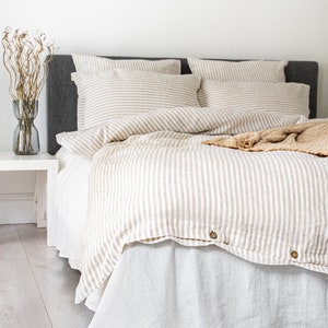 Striped Natural linen duvet cover and two pillowcases in various colors suitable for farmhouse living, best for minimalist or boho style.