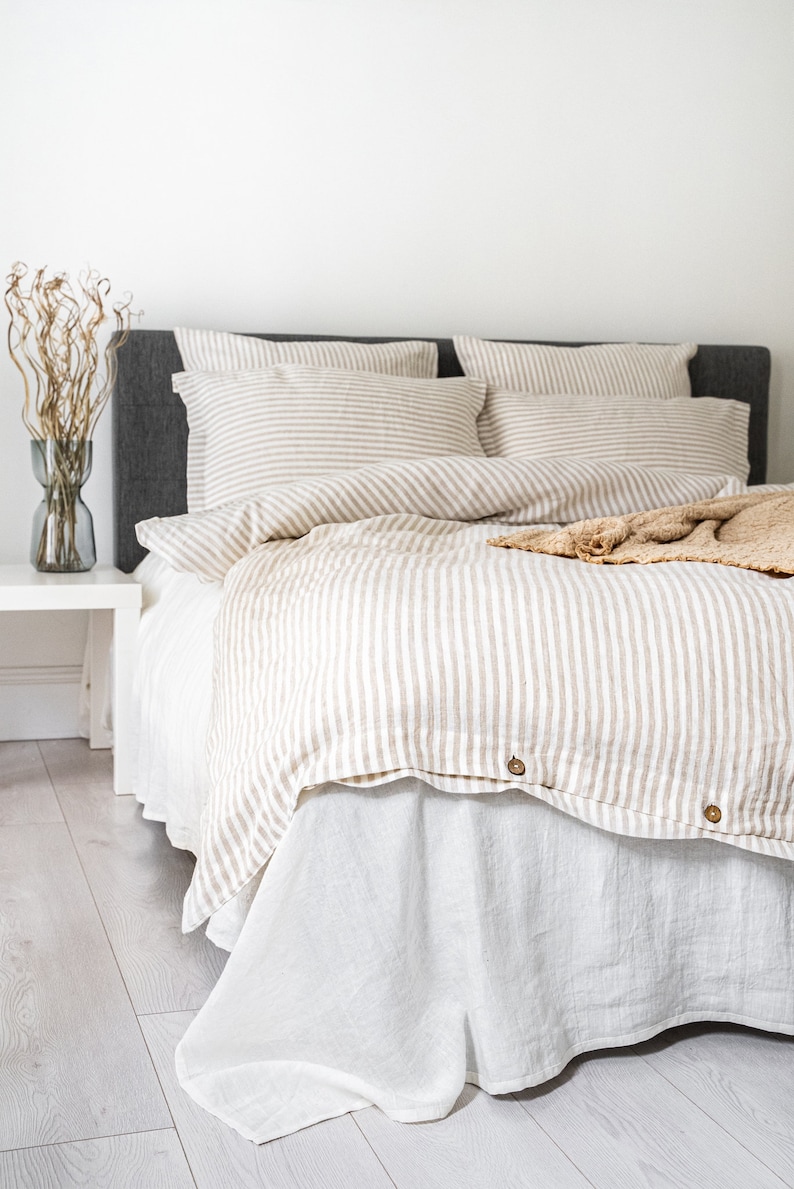 Striped Natural linen duvet cover and two pillowcases in various colors suitable for farmhouse living, best for minimalist or boho style.