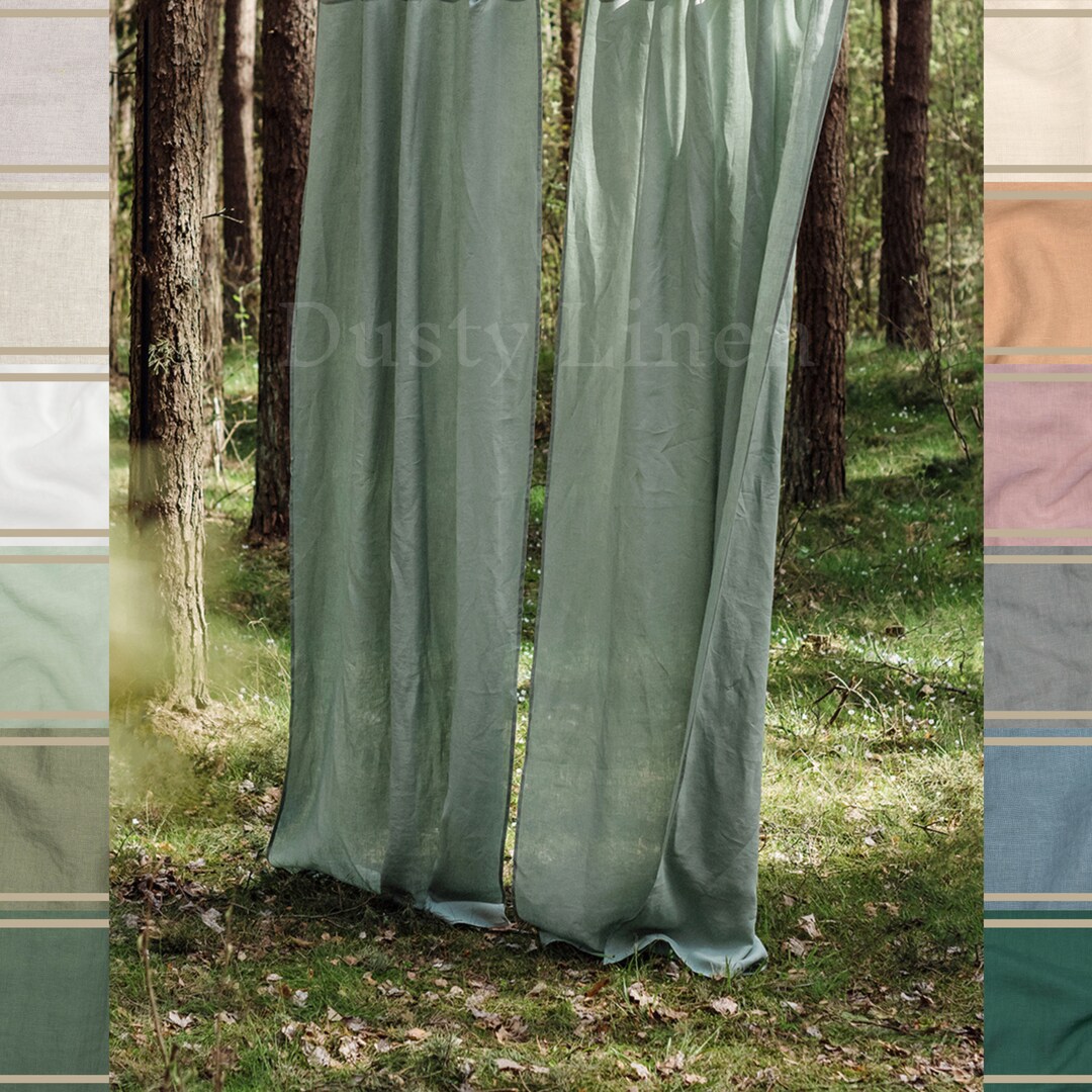 Sage Green Linen Curtain With Ties. Linen Curtain Panel. Long Curtain