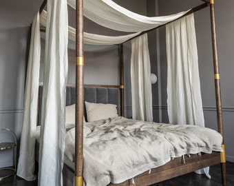 Linen canopy shawl curtains set. Ivory bed linen curtains. Off White linen bed shawls. Canopy over the bed drapes. Canopy drape. Linen panel
