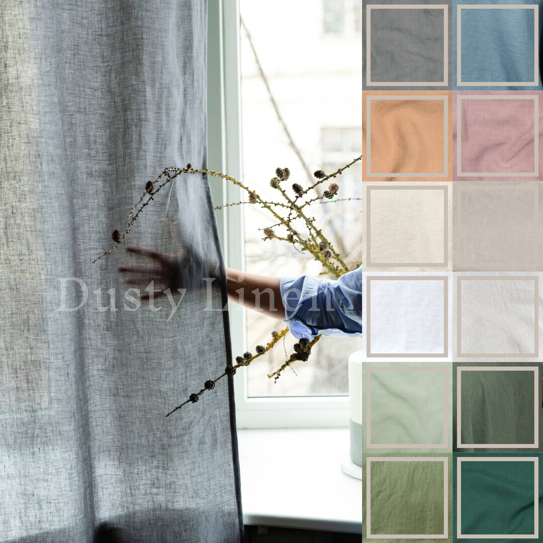 Tie Top Semisheer Curtains. Set of 2 Curtains. Stone Washed Linen