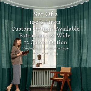 Green Linen curtains with back tab. Extra long curtains. Set of 2 Wide linen curtain for bedroom, living room. Semi sheer curtains for rod