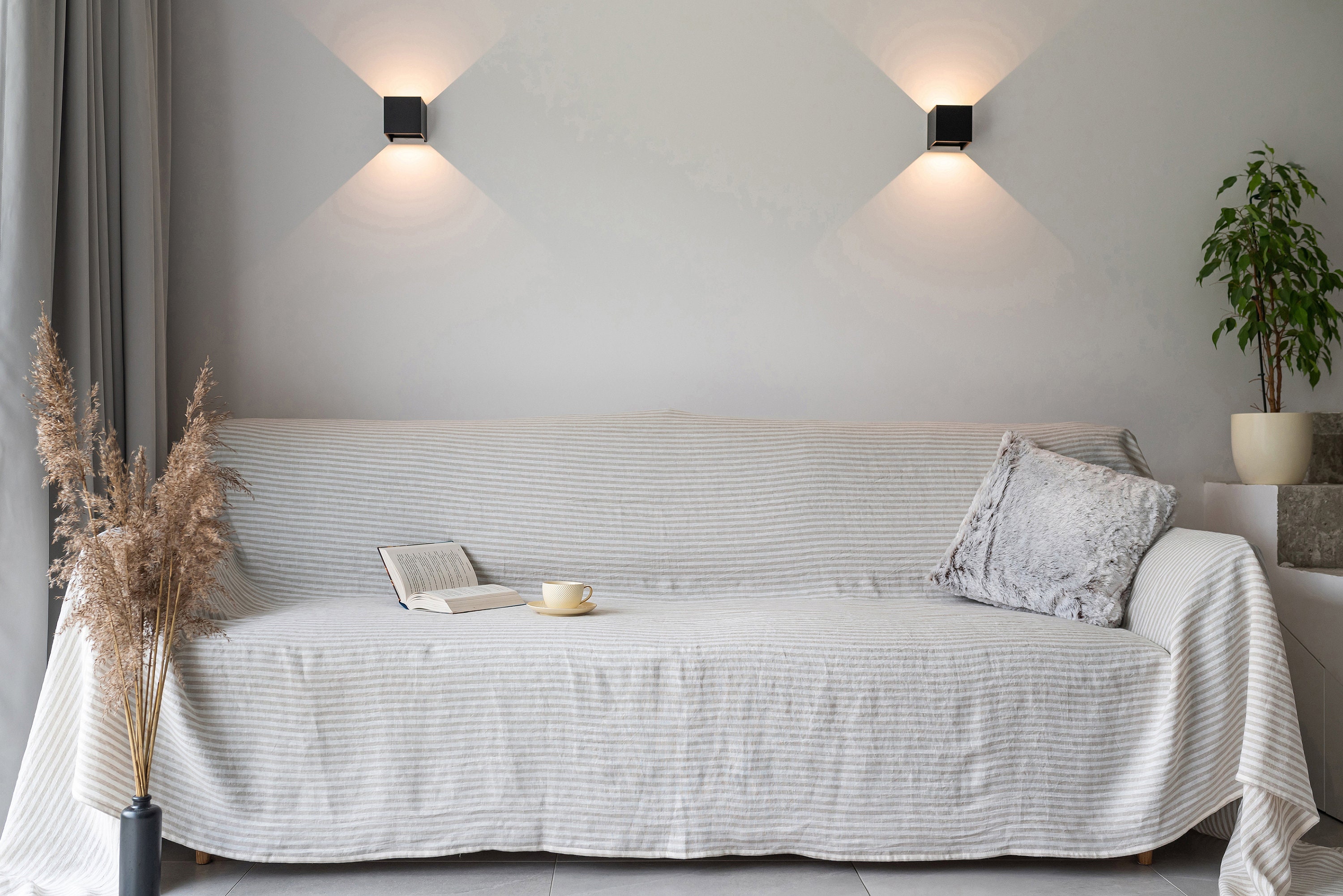 Couch Linen Coverlet. Striped Natural Fabric Loose Sofa Cover. Etsy